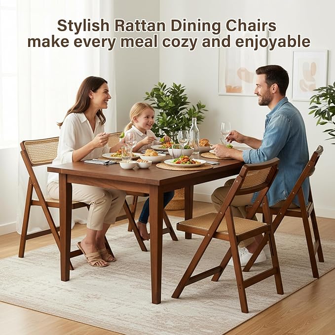 Rattan Folding Chair, Modern Mid Century Dining Chairs Set of 1, Comfy Outdoor Bamboo Chairs for Bedroom Living Room Reading Room Dining Kitchen, Walnut