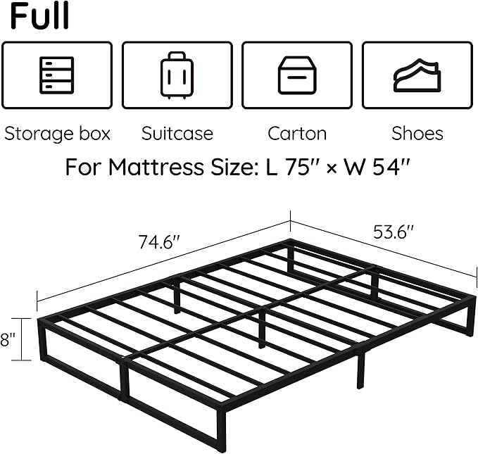 8 Inch Bed Frame Full Metal Platform Mattress Foundation with Steel Slat Support, No Box Spring Needed, Easy Assembly, Black