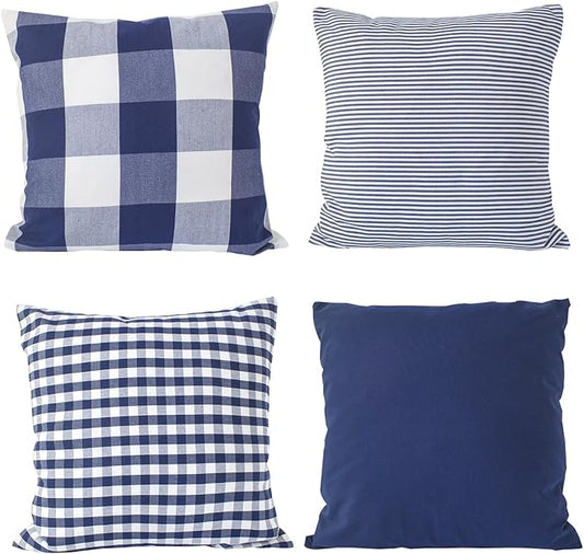 HOPLEE 22x22 Pillow Cover Navy Blue Decorative Pillow Cover with Buffalo Plaid, Solid Navy Blue, Tricking Stripe and Gingham Plaid Design 22x22 Inches Set of 4