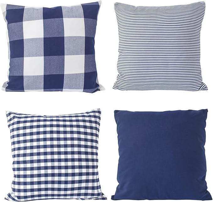 HOPLEE Navy Blue Decorative Pillow Cover 16x16 Pillow Cover with Buffalo Plaid, Solid Navy Blue, Tricking Stripe and Gingham Plaid Design 16x16 Inches Set of 4