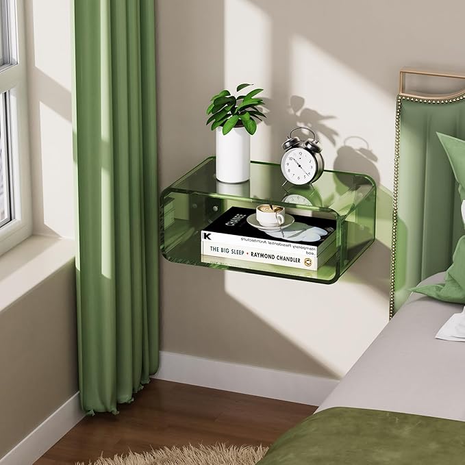 Acrylic Floating Nightstand, Bedside Table, Nightstand Shelf Wall Mounted Bedside Shelf (Green, Small)