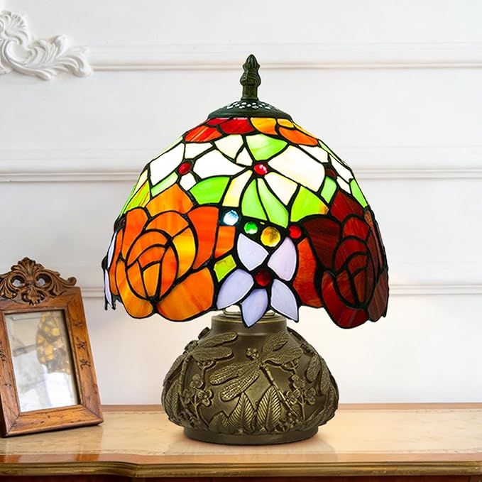 JHuiLap Small Tiffany Stained Glass Lamp, 3 Color Temperatures Bedside Lamp, 8 Inch Mushroom Desk Light for Bedroom Living Room Office Home Decor (Two-Color Rose)