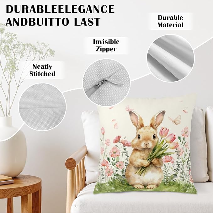 Easter Bunny Outdoor Pillow Covers 16x16 Set of 2 Watercolor Pink Flowers Pillows Cases Farmhouse Rabbit Floral Pillowcase for Sofa Couch Home Decor