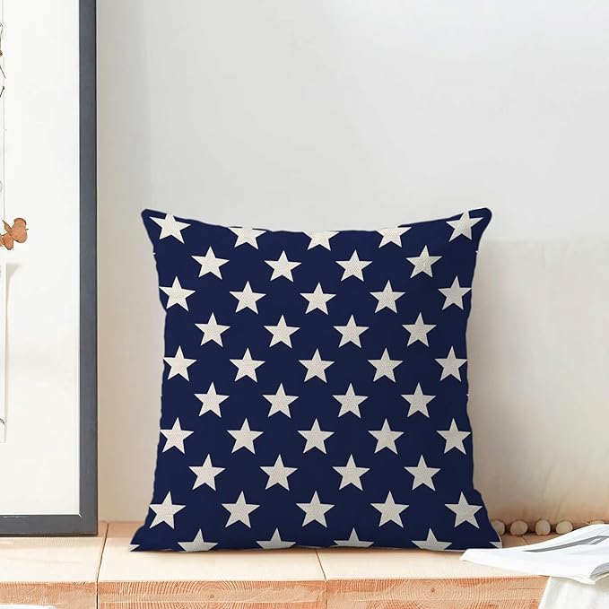 BETGINY 4th of July Pillow Covers 18x18 Set of 2, Memorial Day Blue Stars Decorations Throw Pillow Covers Linen Patriotic Independence Day Cushion Case for Couch Sofa Summer Home Outdoor Decor
