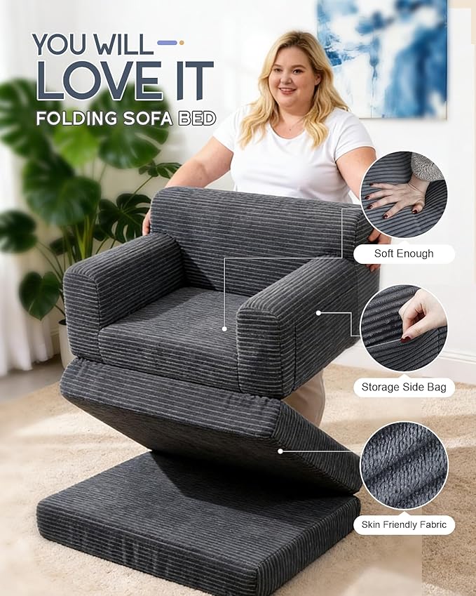 Boneless Couch Sofa Bed, Convertible Sleeper Chair with One-Piece High-Density Foam (No Lumps), Foldable Floor Mattress for Adults Guest Gaming, Non-Slip, Side Pockets, 84"x35", No Assembly