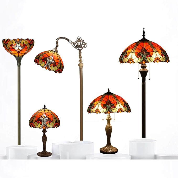 WERFACTORY Tiffany Table Lamp Red Liaison Stained Glass Style Bedside Lamp 16X16X24 Inches Antique Desk Reading Light Metal Base Decor Bedroom Living Room Home Office S160R Series