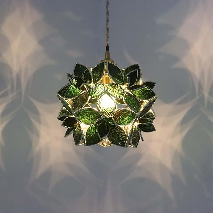 Bieye L11039 Petals Tiffany Style Stained Glass Ceiling Pendant Light for Home Decoration (Textured Deep Green, 8" Rose Lily)