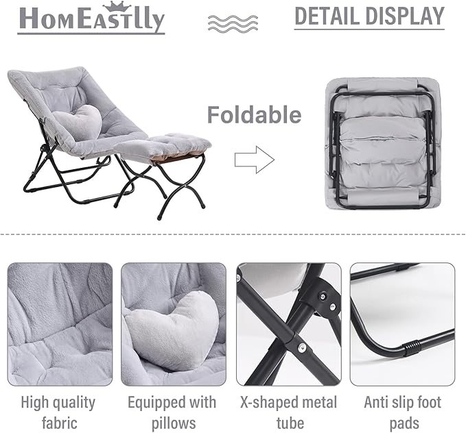 Comfy Saucer Chair with Ottoman, Oversized Folding Faux Fur Chair Soft Furry Lazy Chair with Metal Frame Moon Chair Accent Chair for Bedroom, Living Room, Dorm Rooms, Grey