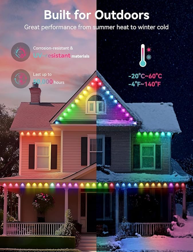 Permanent Outdoor Lights, 100ft with 72 IC+RGB LEDs, IP67 Waterproof Smart LED Eaves Lights with 48 Scene Modes for House Halloween Christmas Decor,Compatible with Alexa, Google Assistant