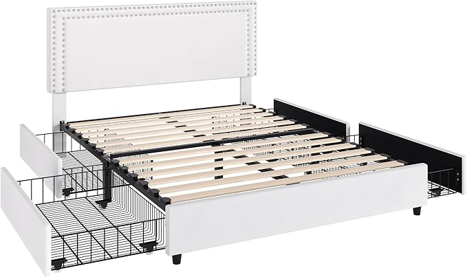 VECELO Full Size Upholstered Platform Bed Frame with 4 Storage Drawers, Adjustable Velvet Rivet Decor Headboard, Wooden Slats Support, No Box Spring Needed, Easy Assembly