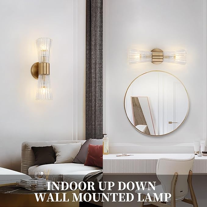 Mid-Century Modern Wall Lights with Crystal Glass Shade, 2-Light Glass Bathroom Vanitys Lights Gold Wall Sconces, Indoor Up Down Wall Mounted Lamps for Living Bedroom Hallway Hardwired