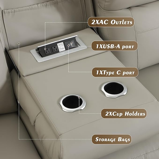 Dual Motor Power Reclining Sofa, Breathable Leather Reclining Couch with Power Headrest/LED Light/Armrest Storage, Recliner Sofa 3 Seater for Living Room (Grey, 3 Seater)