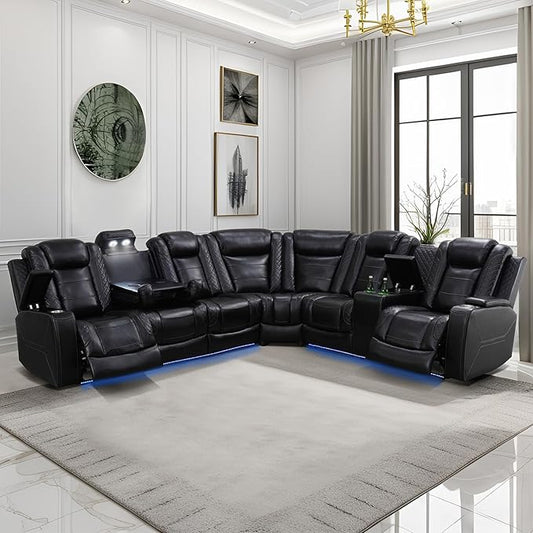 Power Reclining Sectional Sofa Set with LED Lights, Vegan Leather Recliner Sectional Couch for Living Room Furniture,Wireless Charging/USB Charging/Reading Lamp/Armrest Storage,Black Pro