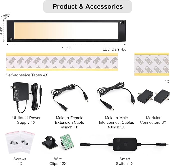 4pack 7inch Dimmable LED Kitchen Light Kit, 2700-6000K Smart Closet Cabinet Lighting Fixture APP Control, Work with Alexa, Google Assistant, for Under Counter, Garage, Pantry (Black)