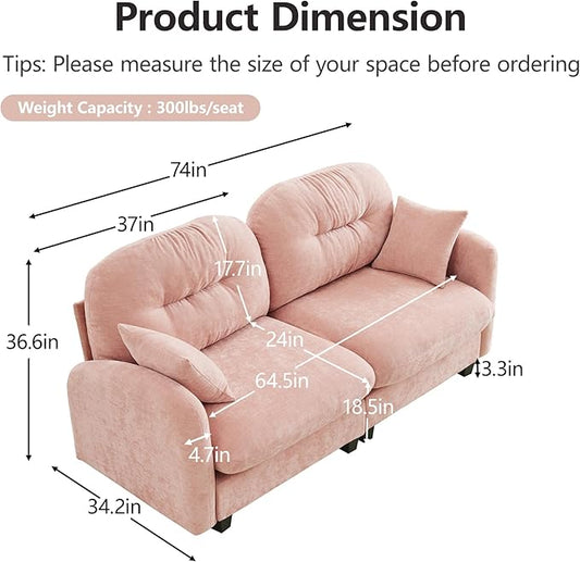 KEIKI 74" Oversized Chenille Modular Sectional Loveseat Sofa with High-Density Foam Cushions and Tufted Pleated Cushion Backrest, Upholstered 2-Seater Cloud Couch with 2 Pillow, for Living Room, Pink