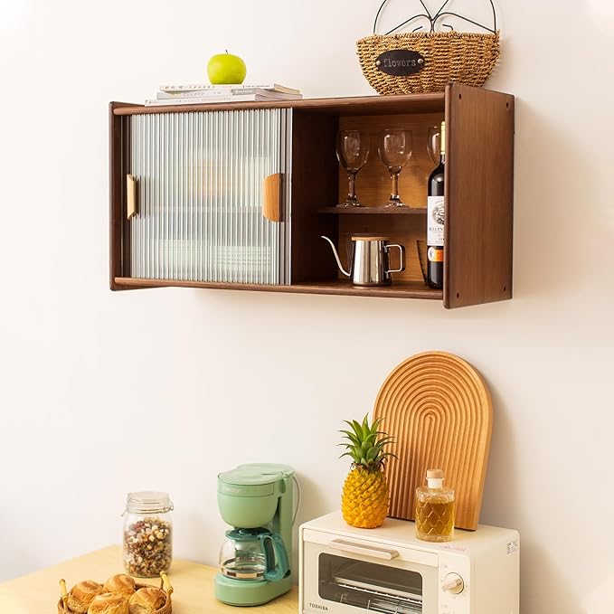 Tiita Small Kitchen Pantry Cabinet, Bamboo Wall Sideboard with Glass Doors, Cupboard Food Pantry Cabinet for Kitchen, Living Room and Dinning Bedroom