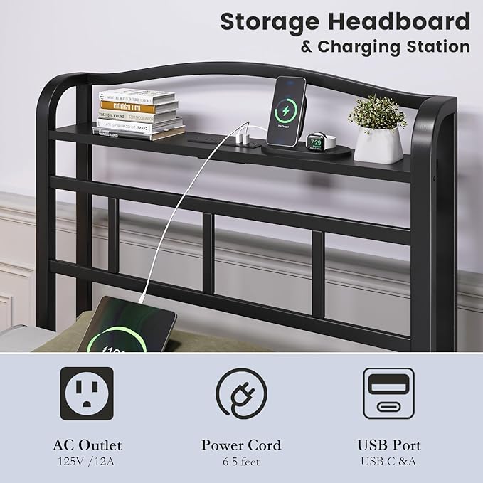 Twin Bed Frame - Storage Headboard with Charging Station, 14 Inch Sturdy Metal Platform Bed Frame No Box Spring Needed, Easy Assembly, No Noise, Black