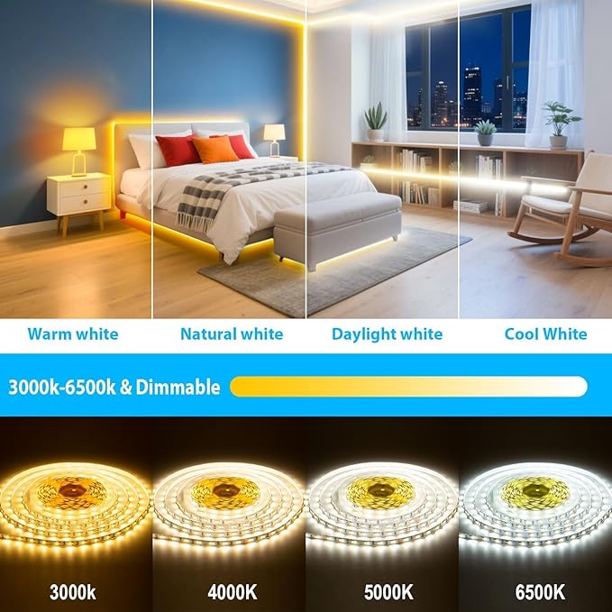 66FT White LED Strip Lights 3000K-6500K, Smart Strip Light Alexa Compatible, 24V WiFi Flexible Tape LED with APP & RF Remote, Cabinet Lighting Self-Adhesive for Room, Kitchen (Tunable White)