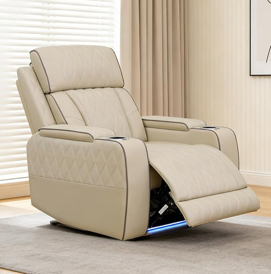 Power Reclining Sofa Set for Living Room, Leather Recliner Chair with Arm Cup Holders, Arm Storage for House/Home Teather(Single Chair, Beige)