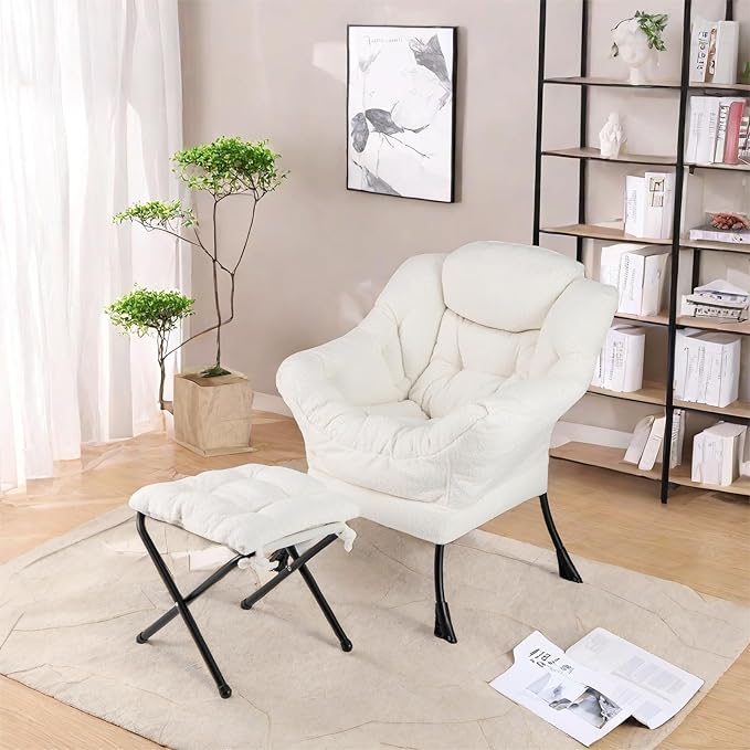 GORELAX Modern Accent Chair with Ottoman, Upholstered Lounge Sofa Chair & Folding Footstool Set, Reading & Relaxing Chair for Bedroom, Living Room, Dorm Room (Plush Beige)