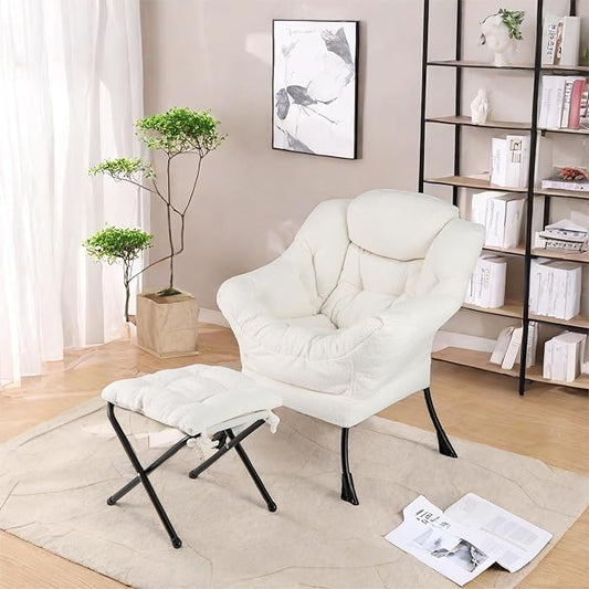 GORELAX Modern Accent Chair with Ottoman, Upholstered Lounge Sofa Chair & Folding Footstool Set, Reading & Relaxing Chair for Bedroom, Living Room, Dorm Room (Plush Beige)