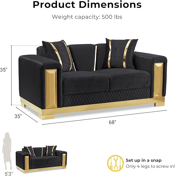 Furniture of America Samison II Glam 2-Piece Solid Wood Upholstered Sofa Set with Accent Pillows, Damask Pattern and Gold Base, Comfortable Couch and Loveseat for Living Room, Bedroom, Office, Black