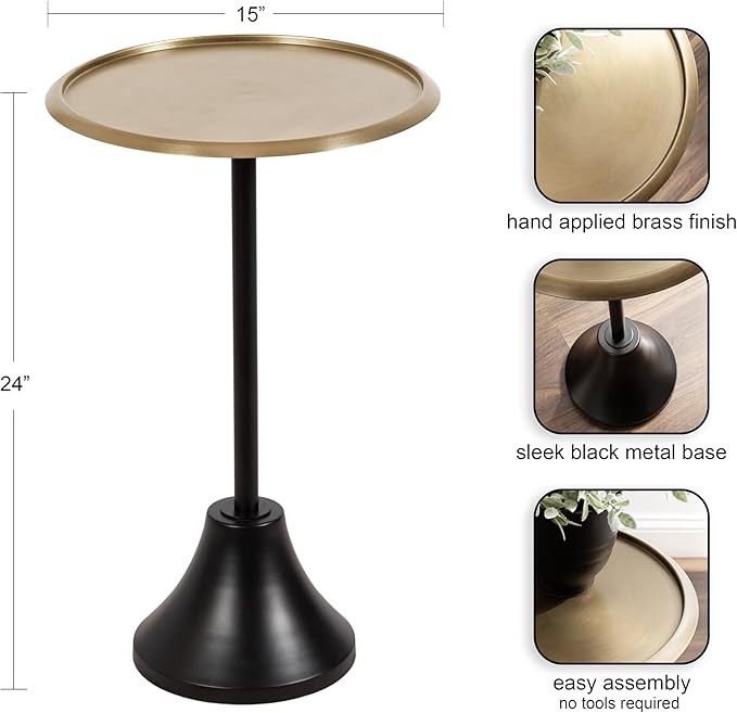 Kate and Laurel Sanzo Modern Pedestal Round Side Table, 15 x 15 x 24, Antique Brass and Black, Circle End Table with Metal Tabletop for Use as Indoor Plant Stand or Bedroom Nightstand