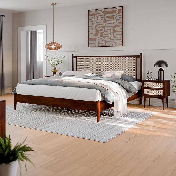 Bme Oliver King Bed Frame and Headboard - 15-Inch Signature Design with Rattan Headboard, Bohemian and Mid Century Style, 12-Slat Wood Support, No Box Spring Needed - Easy Assembly, Walnut