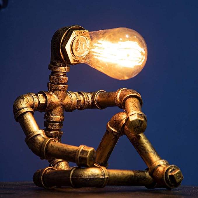 Steampunk Table Lamp, Vintage Industrial Metal Robot Table lamp, Water Pipe Table Lamp, Steam Punk Pipe Lamp Style Desktop Light for Bar Cafe Desktop Room Decoration