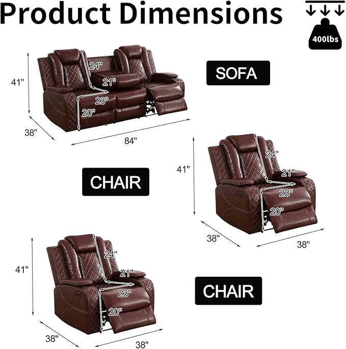 Power Leather Recliner Sofa Set with LED Light,Reclining Sofa and 2*Chairs Set with Coffee Table/USB Charger/Storage,Luxury Leather Couch for Living Room/Home Theater(3+1+1 Seats,Burgundy)