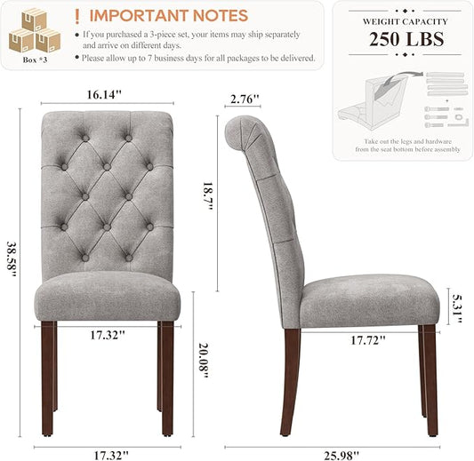 Upholstered Tufted Dining Room Chairs Set of 6, Parsons Kitchen Chairs with Padded Seat and Solid Wood Legs, Fabric Accent Side Diner Chair for Dining Room/Kitchen/Living Room, Light Grey