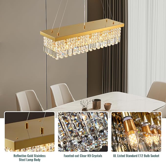Siljoy 6-Light Modern Crystal Chandelier Rectangular Gold K9 Crystal Raindrop Chandelier for Dining Room, Luxury Adjustable Ceiling Pendant Light for Living Room Kitchen Island L31.5'' x W10'' x H10''