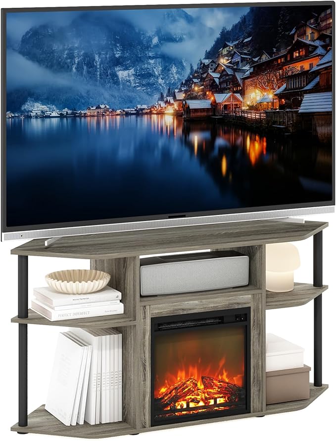 Furinno Jensen Fireplace TV Stand, Corner Entertainment Center, TV Console for TV up to 55 Inch with Fireplace, Plastic Poles and Open Storage, for Living Room, Bedroom, French Oak Grey