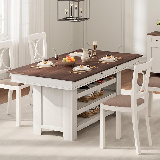 GarveeHome Counter Height Dining Table for 4-6, Wood Bar Height Tall Dining Table with Deepened Wine Rack & 2 Drawers & Shelves, Thick Large Table Top for Kitchen, Bar, Heavy Duty, Retro Brown White