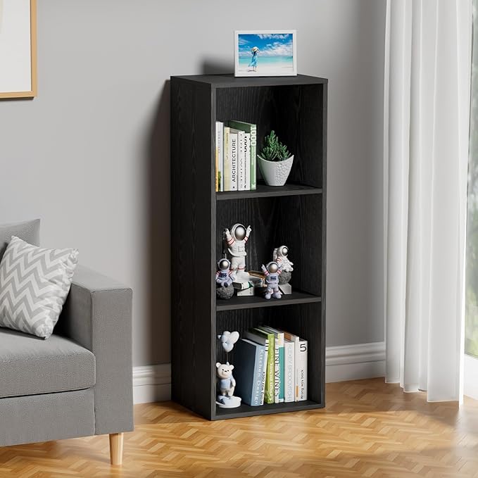 3 Tier Bookshelf, Narrow Bookcase for Small Spaces, Wooden Book Case Bookshelves Storage Organizer for Bedroom Living Room Home Office (Black, 3 Cube)