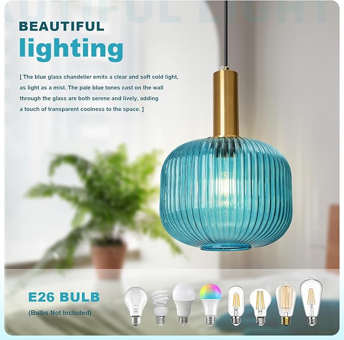 Hanging Pendant Light Plug in, 2 Pack Blue Ribbed Glass Pendant Lighting with Plug in Cord, Mid Century Modern Gold Plug in Hanging Light Fixtures for Kitchen Island Dining Room Bedroom