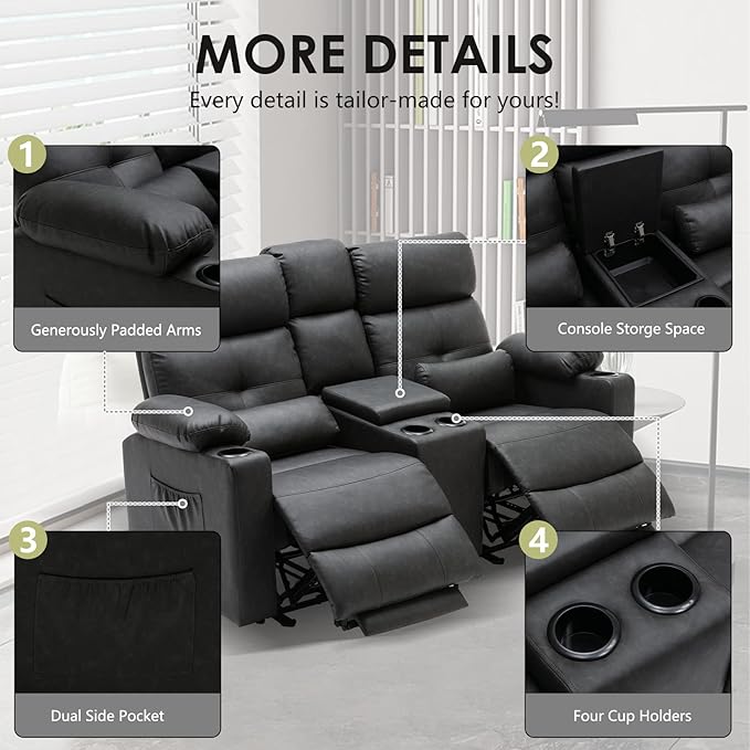 Power Reclining Loveseat with Console, Power Loveseat Recliner Sofa with Heat and Massage, Extended Footrest, Wall Hugger RV Recliner with Cup Holders, Lumbar Support for Living Room