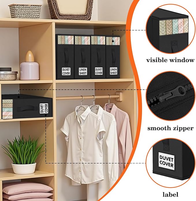WOWBOX Sheet Organizers and Storage,Closet Bed Sheet Organizer Under Bed Storage and Organization with Label Cards & Clear Window for Bedding Sheets,Duvet Covers,Blankets (8 Pack，Black)