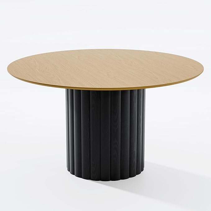 Casaphoria 52" Round Dining Table for 6, Two-Tone Wood Top and Black Pedestal Base, Modern Farmhouse Style, Dining Table Only