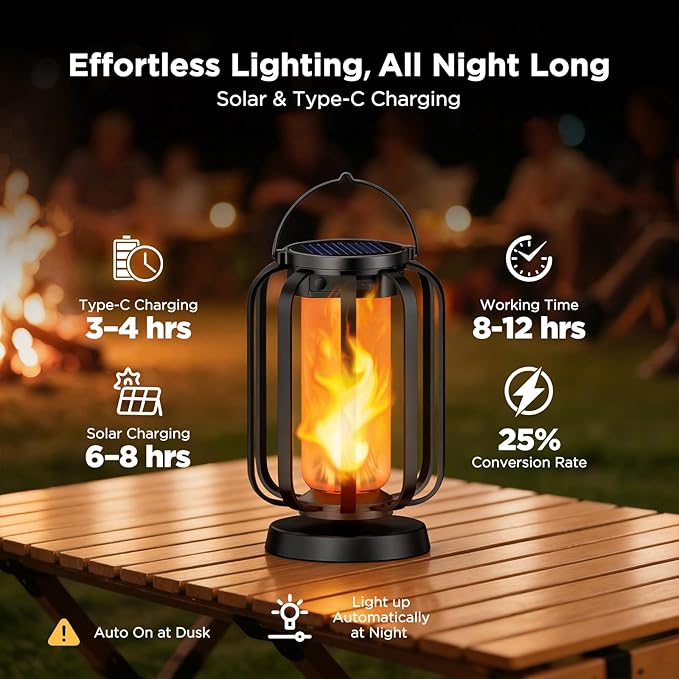 Hompavo Gen2 Solar Lanterns Outdoor Lights with Ultra-Real Flame, 2 Charging (USB/Solar) & 2 Modes - Waterproof Decorative Hanging/Table Lights for Pathway Yard Patio Garden Decor Gifts for Women, 2