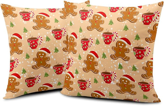 Christmas Orange Gingerbread Man Throw Pillow Cover Xmas Trees Candy Cane Hot Cocoa Snowflake Pillow Case Covers 22x22 In Christmas Cute Celebration Graphic Cushion Cover for Home Couch Sofa, 2 Pack