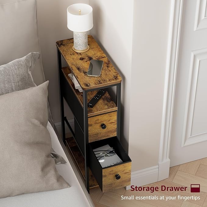 Narrow Nightstands Set 2 - Skinny Side Table Slim Night Stand for Small Space Bedroom Thin Bedsides Tables with 2 Drawers, Farmhouse Brown