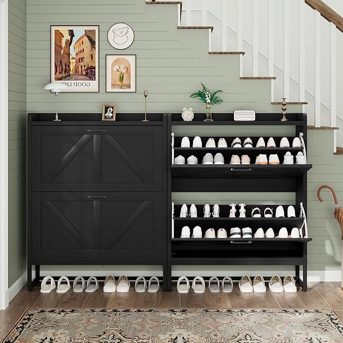 Shoe Cabinet, Shoe Storage Cabinet with 2 Flip Drawers & Adjustable Shelf, Space-Saving Shoe Organizer – Holds 16+ Pairs, Narrow Shoe Cabinet Storage for Entryway/Hallway（Black）