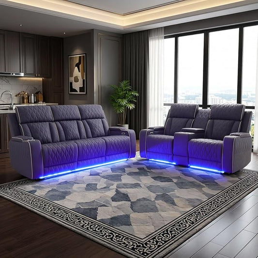 Power Leather Recliner Sofa Set with LED Light,Reclining Sofa and Loveseat Set with USB Port/Cup Holder/Storage,Luxury Leather Couch for Living Room/Home Theater(3+2 Seats,Matte Navy)