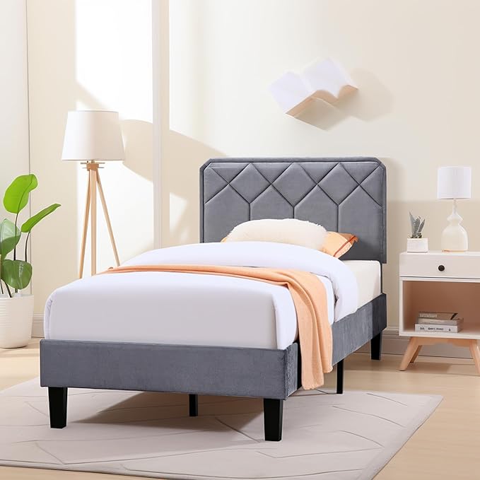 VECELO Twin Size Bed Frame, Velvet Upholstered Platform with Adjustable Headboard, Mattress Foundation with Solid Wood Slats, No Box Spring Needed, Easy Assembly