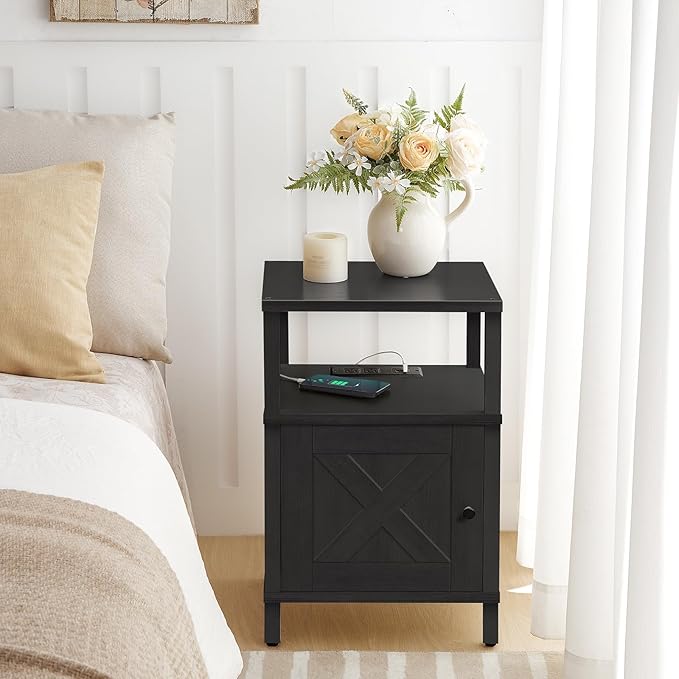 Farmhouse Nightstand with Charging Station, Black Bedside Table with USB&Type-C Ports and Outlets, End Table with Storage, Night Stand for Bedroom, Black ETBK96E01