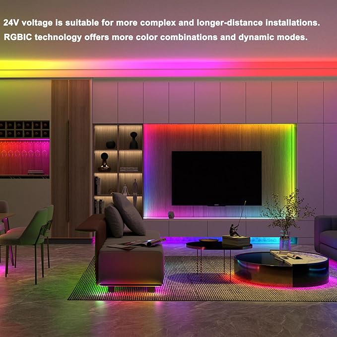 TOPAI 24V COB LED Strip RGB Smart IC, WS2811 Side Emitting 630LEDs/M High Density, 16.4FT, 8mm Width, Self Adhesive Backing, Flexible Multi Color Lighting for Home Decor