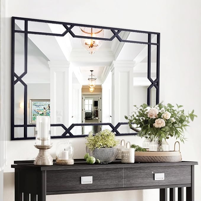 Chende 47"x32" Black Mirror for Wall Decor, Large Rectangular Decorative Mirror with Matte Black Metal Pipe Frame for Dining Room Living Room, Bathroom, Entrance, Fireplace