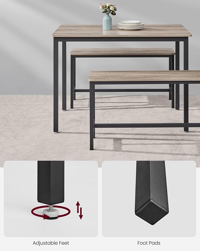 VASAGLE Dining Table Set for 4, Kitchen Table with 2 Benches, 43.3 x 27.6 x 29.5 Inches Dining Room Table, 38.2 x 11.8 x 19.7 Inches Bench, Heather Greige and Ink Black UKDT070B02