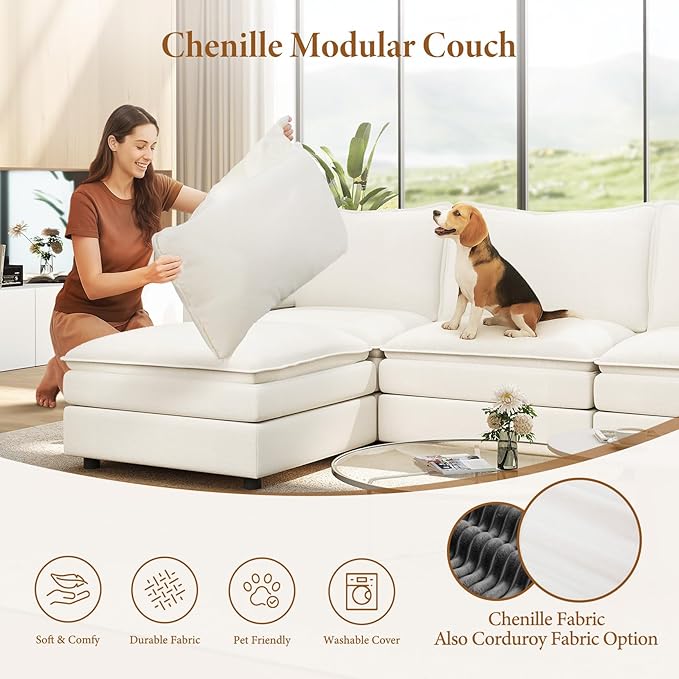 Vesgantti 108" U Shaped Sectional Couch, Comfy Cloud Modular Sectional Sofa with 2 Ottoman Deep Seat Chenille Modern Cloud Sofa, Modular Sofas for Living Room, Bedroom and Apartment, Snow White | Sink-in Comfort, Height Adjustable, Easy Rearrangement, ...